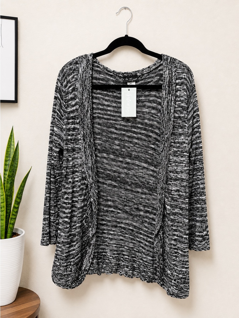 Marled Black & White Open-Front Knit Cardigan